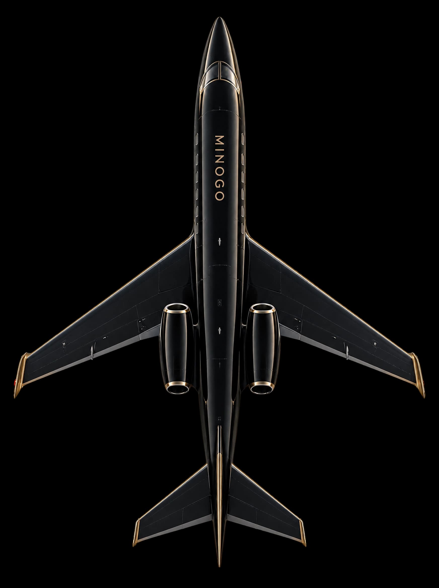 Top-down black Minogo private jet with champagne reflections and MINOGO lettering